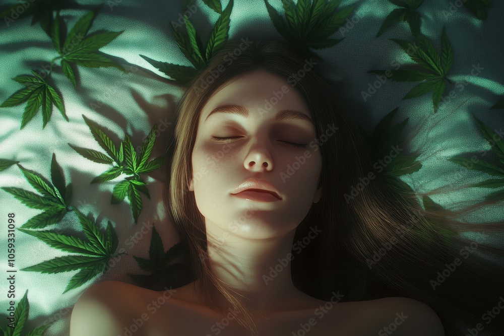 Woman Resting with Cannabis Leaves Woman Resting with Cannabis Leaves