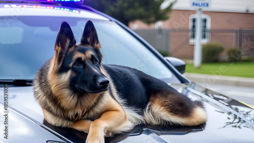 Trained k9 german shepherd police dog on car hood with blue and red lights, ensuring street safety photo