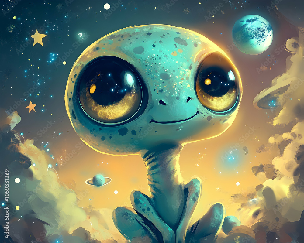 A playful alien character with big eyes, surrounded by stars and planets A playful alien character with big eyes, surrounded by stars and planets