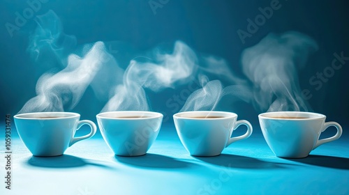 A playful arrangement of steaming americano cups on a blue background, capturing a fresh coffee aesthetic.