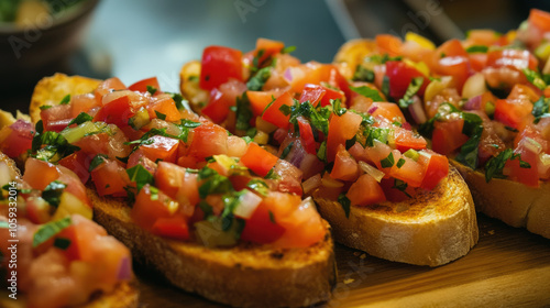 A plate of bread with tomato and onion toppings