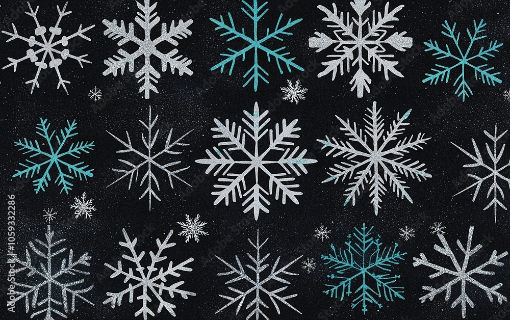 Decorative snowflakes in various designs on a dark background creating a winter wonderland atmosphere for festive celebrations Decorative snowflakes in various designs on a dark background creating a winter wonderland atmosphere for festive celebrations