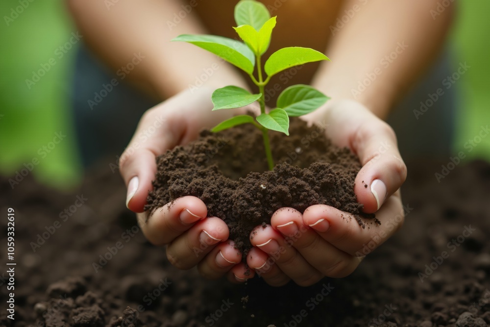 Nurturing growth: hands holding seedling in fertile soil - ideal for environmental and nature themes. Nurturing growth: hands holding seedling in fertile soil - ideal for environmental and nature themes.