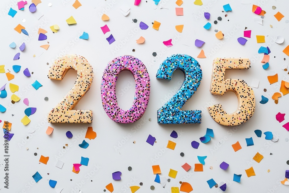 A colorful arrangement of doughnuts and confetti, with the numbers 20 A colorful arrangement of doughnuts and confetti, with the numbers 20