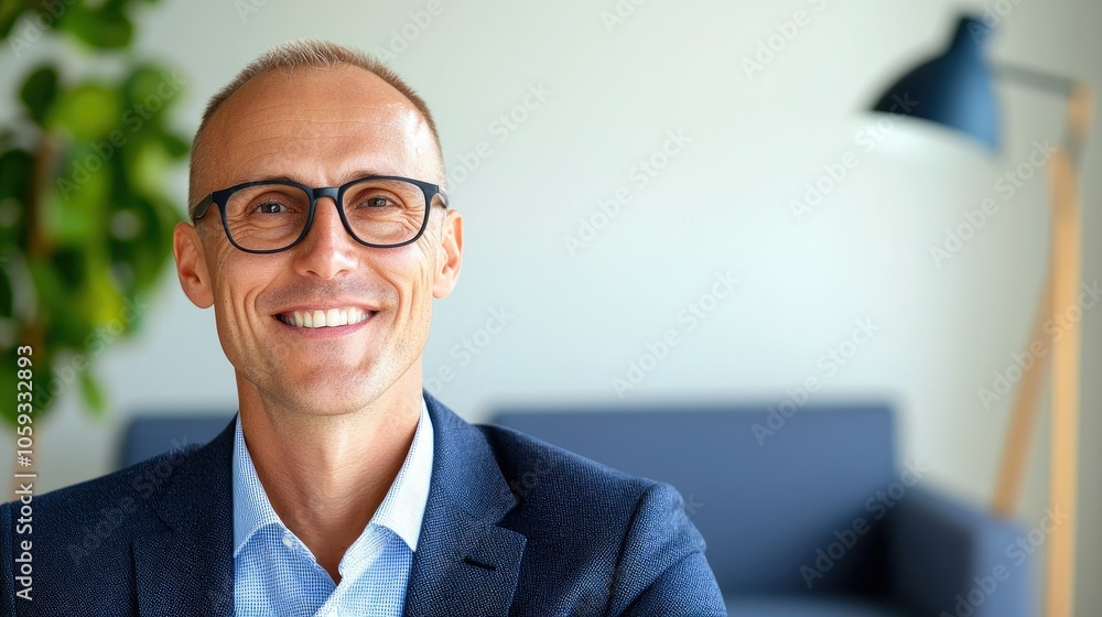 Friendly businessman in glasses smiling in a modern workspace setting Friendly businessman in glasses smiling in a modern workspace setting