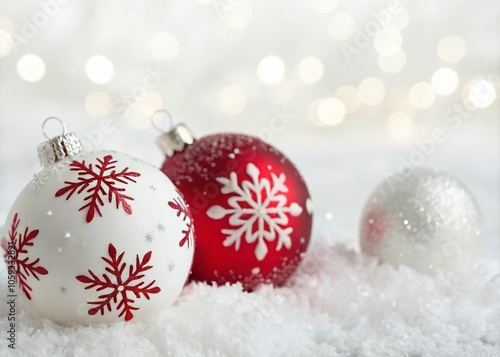 Festive Red and White Christmas Ornaments with Snowflakes on White Background for Holiday Decor photo