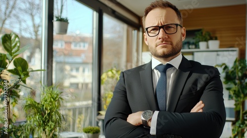 Confident businessman with arms crossed exuding authority and professionalism