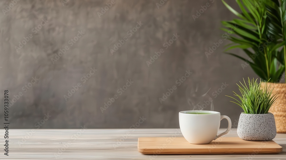 Person meditating with cup of green tea, detox in office, calming and minimal environment Person meditating with cup of green tea, detox in office, calming and minimal environment