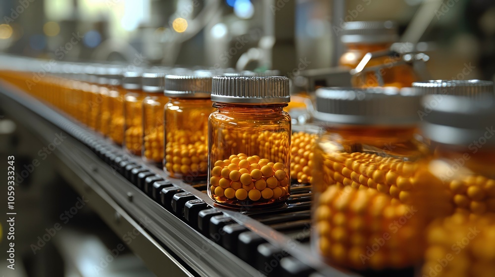 Amber Glass Bottles Filled with Yellow Pills on a Conveyor Belt in a Pharmaceutical Factory Amber Glass Bottles Filled with Yellow Pills on a Conveyor Belt in a Pharmaceutical Factory