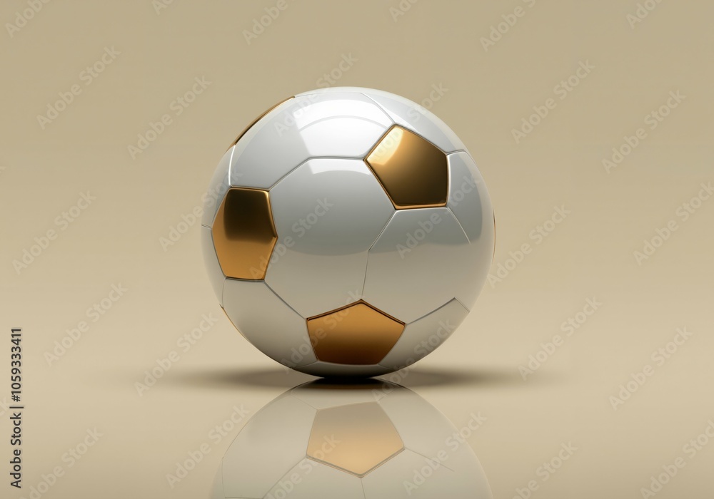 Modern soccer ball with gold accents on reflective surface for sports-themed design and decor. Modern soccer ball with gold accents on reflective surface for sports-themed design and decor.