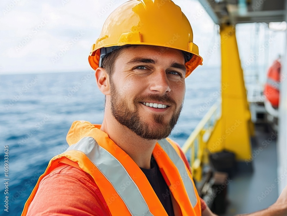 Maritime industry worker in safety vest on vessel at sea a focus on safety and operations Maritime industry worker in safety vest on vessel at sea a focus on safety and operations