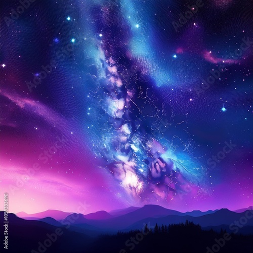 night starry sky and bright purple blue galaxy horizontal background photo