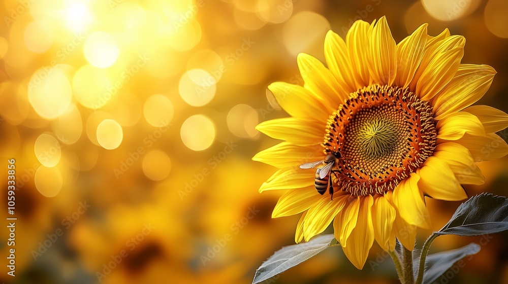 Fototapeta premium Bright Sunflower with Honey Bee Close-Up