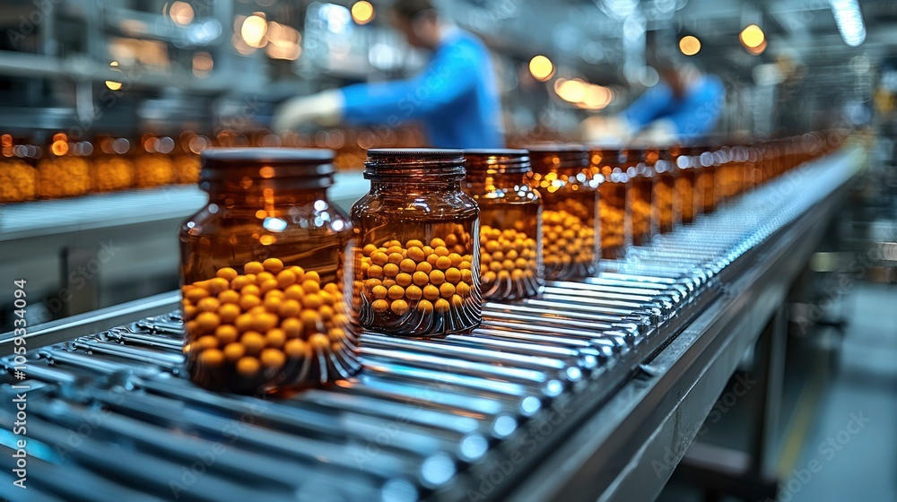 Glass Jars Filled with Yellow Round Pills on Conveyor Belt in Factory Glass Jars Filled with Yellow Round Pills on Conveyor Belt in Factory