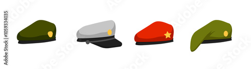 Military headdresses set. Caps and red berets of soldiers and officers with professional emblems of troops and units for protection and vector recognition