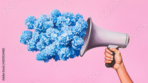 A hand holding a megaphone with a burst of bright blue hydrangeas coming out, set against a pastel pink background. photo