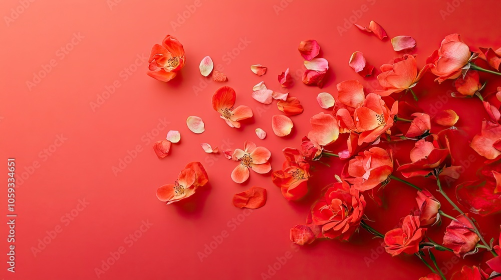 Flying petals and red roses on a red background with copy space. Creative floral levitation in the air nature layout. Spring blossom concept for wedding, women, with generative ai Flying petals and red roses on a red background with copy space. Creative floral levitation in the air nature layout. Spring blossom concept for wedding, women, with generative ai