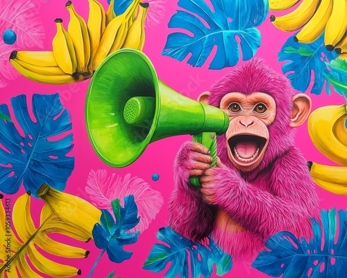 A mischievous monkey holding a lime green megaphone, surrounded by bananas and tropical leaves in vivid colors.