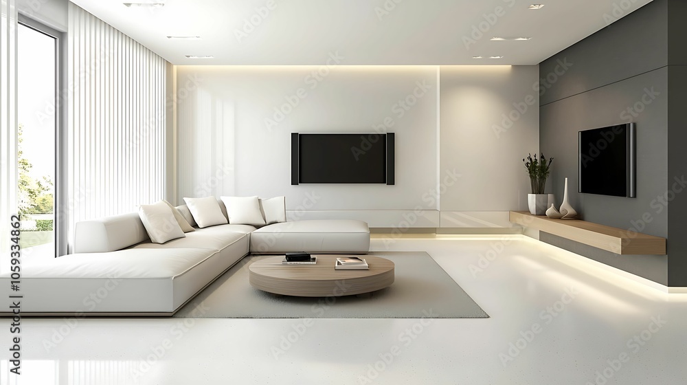 Bright and airy minimalist living room with open kitchen, white furniture, and floor-to-ceiling windows Bright and airy minimalist living room with open kitchen, white furniture, and floor-to-ceiling windows