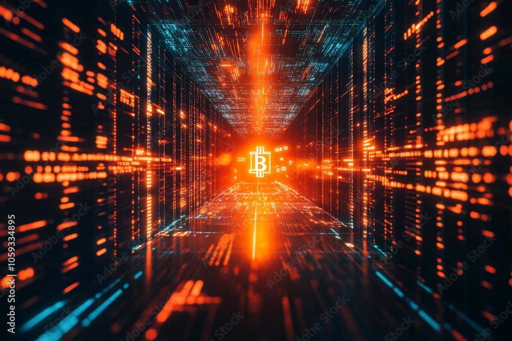 Fototapeta premium Neon pathways illuminate a digital realm filled with vibrant data streams. Generative AI