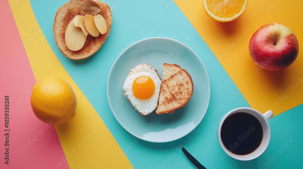 Flat lay of breakfast foods with bright colors, perfect for a cozy morning feel, social media-ready. Flat lay of breakfast foods with bright colors, perfect for a cozy morning feel, social media-ready.