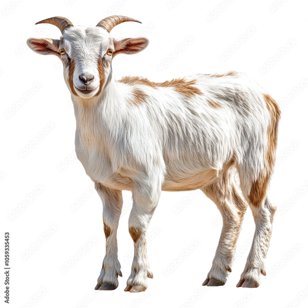 A young goat stands on a black background, showcasing its white and brown fur, short horns, and alert expression. A young goat stands on a black background, showcasing its white and brown fur, short horns, and alert expression.