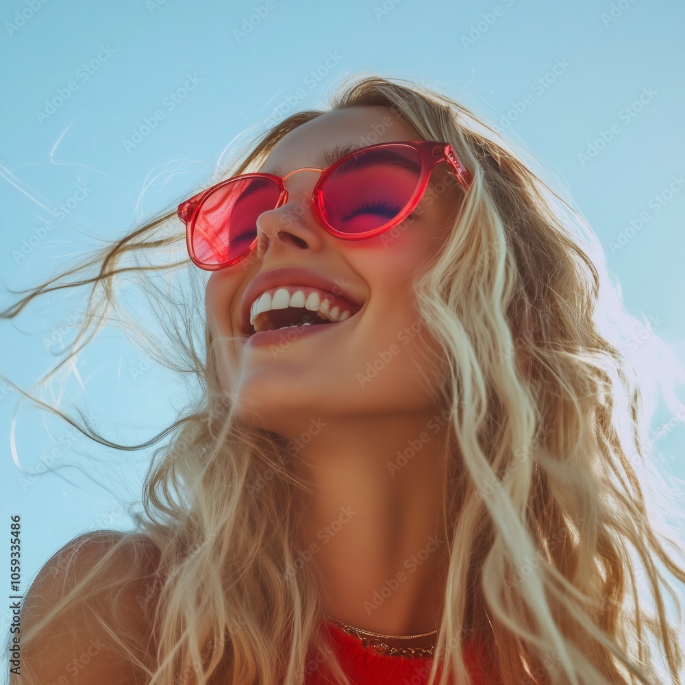 Happy Woman in Red Sunglasses Smiling Under Clear Blue Sky, Perfect for Summer, Joyful Lifestyle, and Positive Vibes Concepts Happy Woman in Red Sunglasses Smiling Under Clear Blue Sky, Perfect for Summer, Joyful Lifestyle, and Positive Vibes Concepts