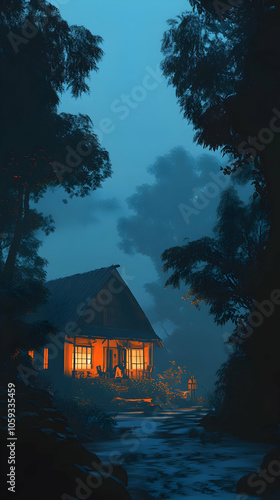 An old house stands in the night, creating a mysterious atmosphere in a serene setting.    