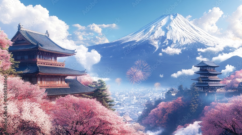 Mount Fuji with Cherry Blossoms and Temples Mount Fuji with Cherry Blossoms and Temples