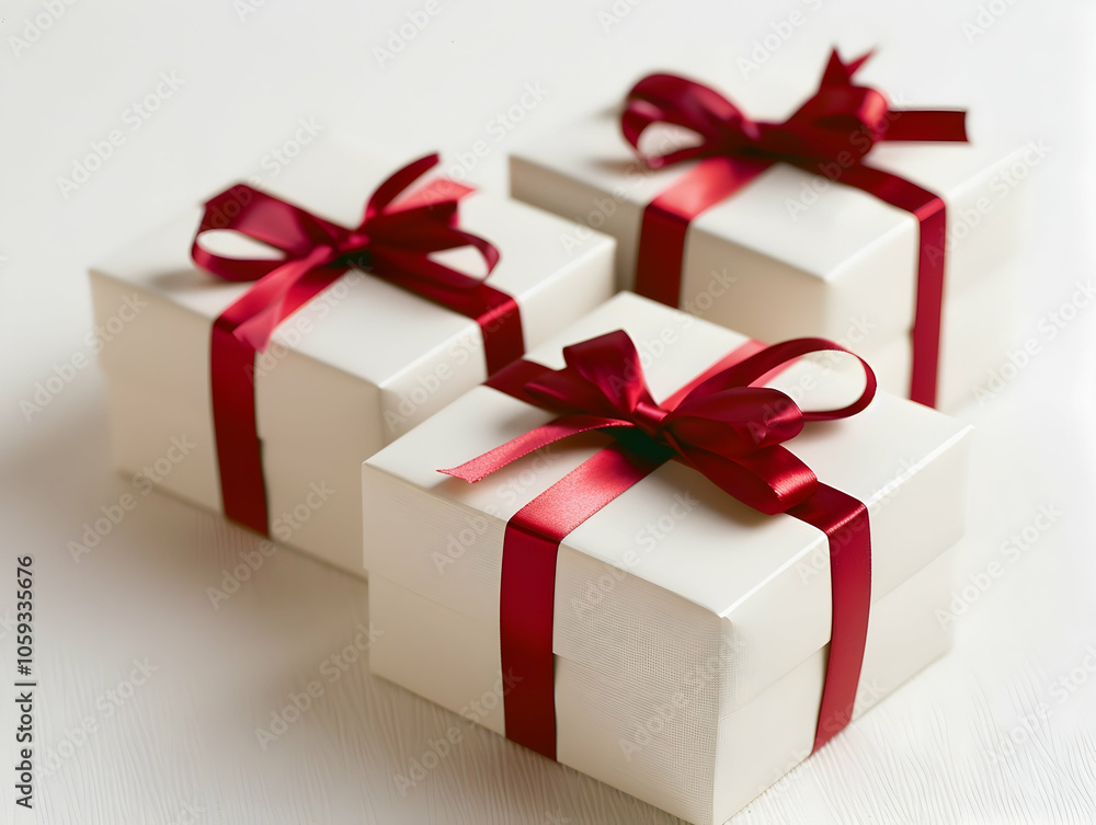 Fototapeta premium Three white gift boxes with red ribbons on the right side, against a white background