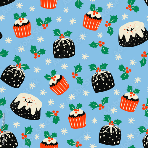 Christmas cake, cupcake, holly plant leaves and berries with snowflakes seamless pattern. Sweet food, dessert, recipe background for winter holiday season.