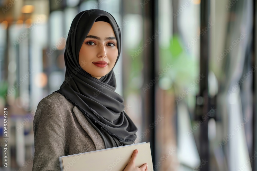 Arabian business woman holding a folder in modern startup office Arabian business woman holding a folder in modern startup office