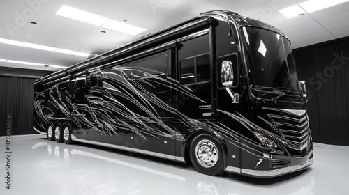 A black luxury motorhome with chrome accents parked in a garage.