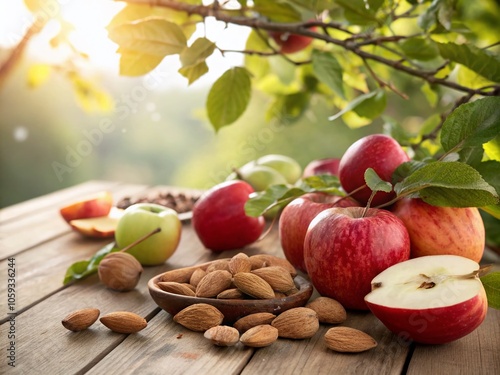 Fresh Apples and Almonds in a Natural Setting - Vibrant Colors and Textures for Food Photography