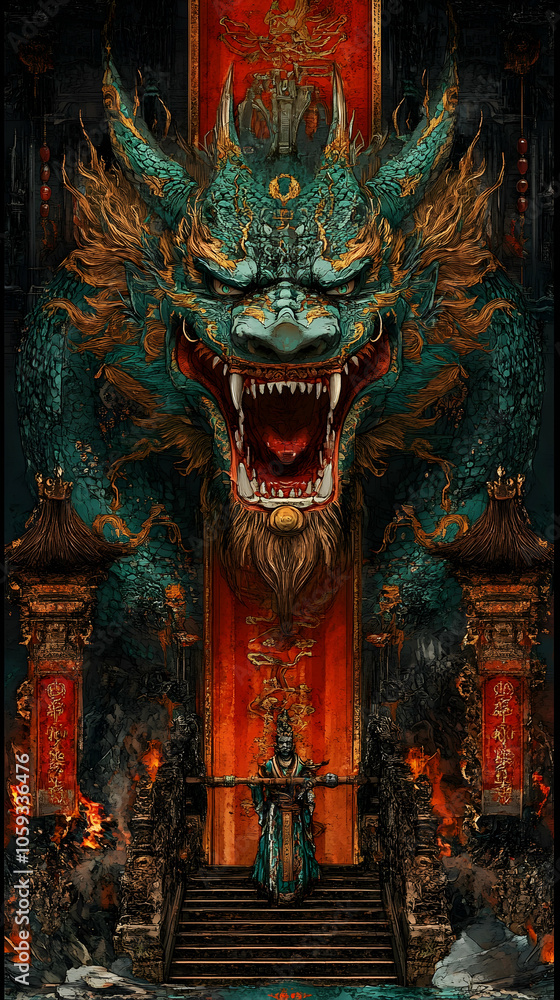 A majestic green dragon with gold accents roars against a red backdrop, with a figure standing before it on a stairway. A majestic green dragon with gold accents roars against a red backdrop, with a figure standing before it on a stairway.