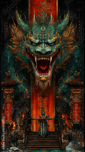 A majestic green dragon with gold accents roars against a red backdrop, with a figure standing before it on a stairway.