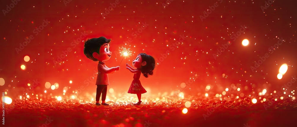 Naklejka premium A boy and girl stand in a red sparkly background and hold a sparkler between them.