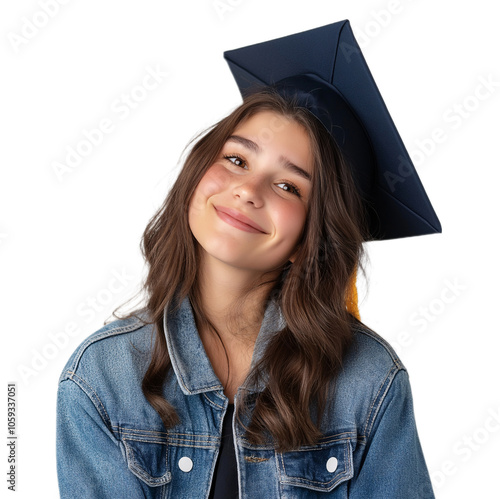 Happy Female Graduate in Graduation Cap and Denim Jacket