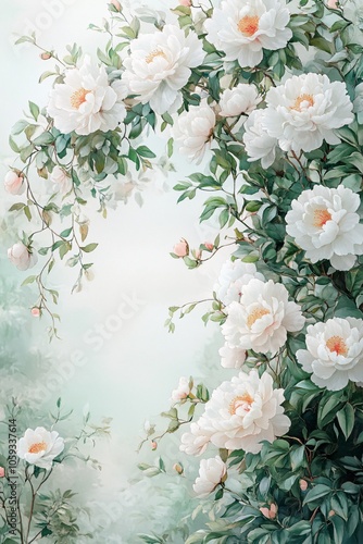 A serene floral paradise captivating white peonies embrace nature's beauty in a dreamy composition