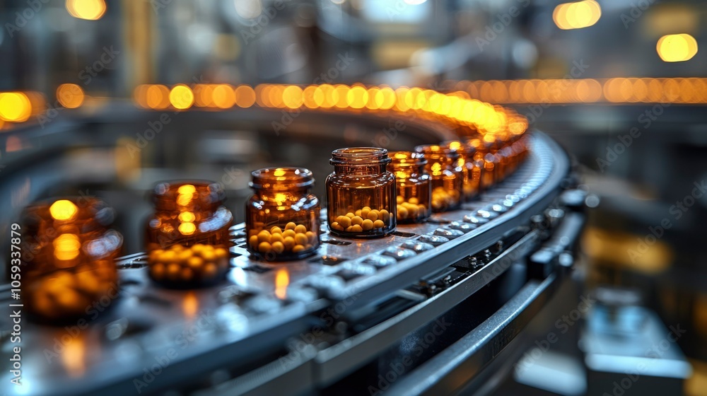 Brown Glass Bottles Filled with Pills on a Conveyor Belt in a Pharmaceutical Factory Brown Glass Bottles Filled with Pills on a Conveyor Belt in a Pharmaceutical Factory