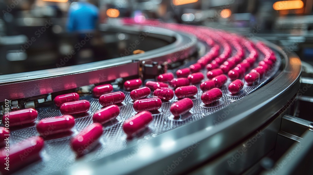 Close-up of Pink Capsules Moving on a Conveyor Belt in a Pharmaceutical Factory Close-up of Pink Capsules Moving on a Conveyor Belt in a Pharmaceutical Factory