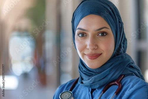 Confident Muslim nurse in hijab on isolated background.