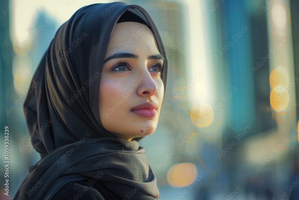 Portrait of young woman in hijab with urban backdrop. Portrait of young woman in hijab with urban backdrop.