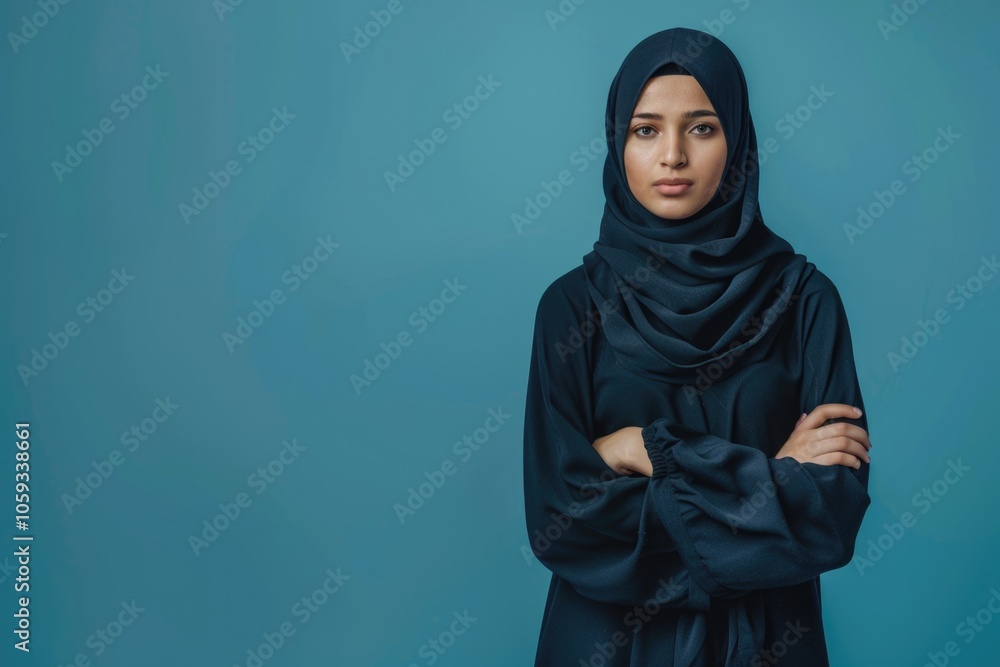 Young Muslim woman in abaya and hijab poses for portrait. Young Muslim woman in abaya and hijab poses for portrait.
