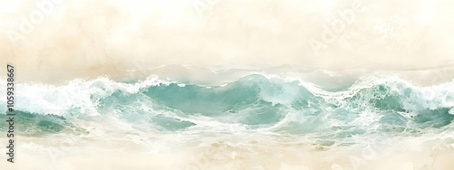 
Abstract dreamy ocean wave watercolor painting with soft teal and sandy beige tones, creating a serene coastal atmosphere texture background illustration