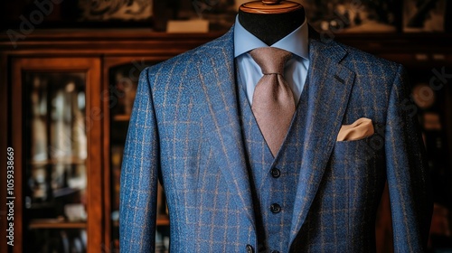 An elegant and luxurious men's suit displayed. The suit should have a tailored fit, made from high-quality fabric with refined details like a sharp lapel, pocket square, and stylish buttons.