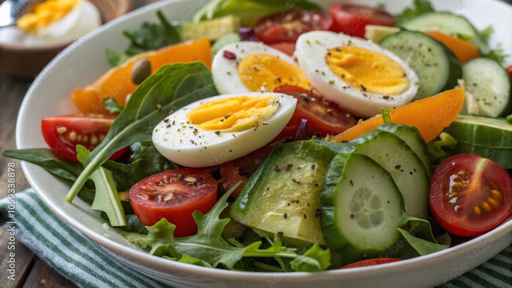 Fresh Salad with Eggs and Vegetables: A Colorful Macro Photography Delight for Healthy Eating Enthusiasts Fresh Salad with Eggs and Vegetables: A Colorful Macro Photography Delight for Healthy Eating Enthusiasts