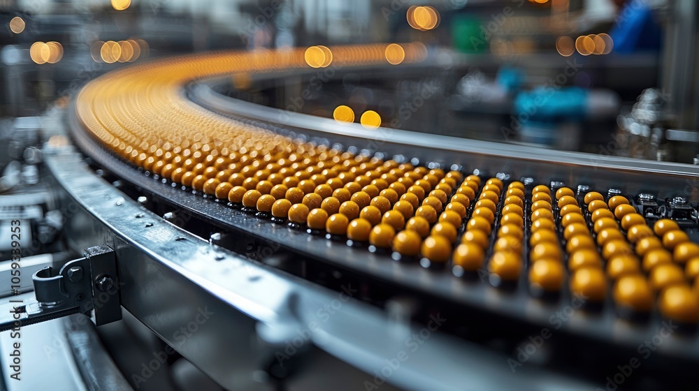 Close-up of a Conveyor Belt with Yellow Spheres Close-up of a Conveyor Belt with Yellow Spheres
