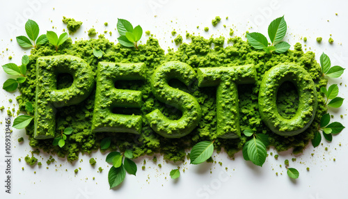 The word Pesto spelled out using pesto sauce.