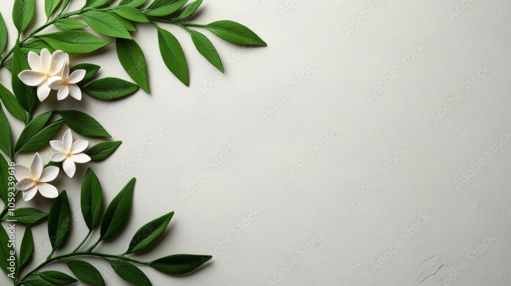 White Flowers and Green Leaves Corner Border on White Background White Flowers and Green Leaves Corner Border on White Background